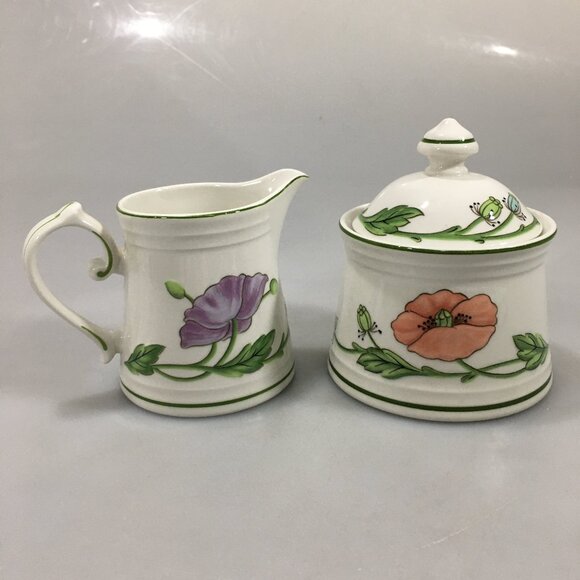 Villeroy & Boch Amapola Porcelain Floral Poppies Creamer and Lidded Sugar Bowl